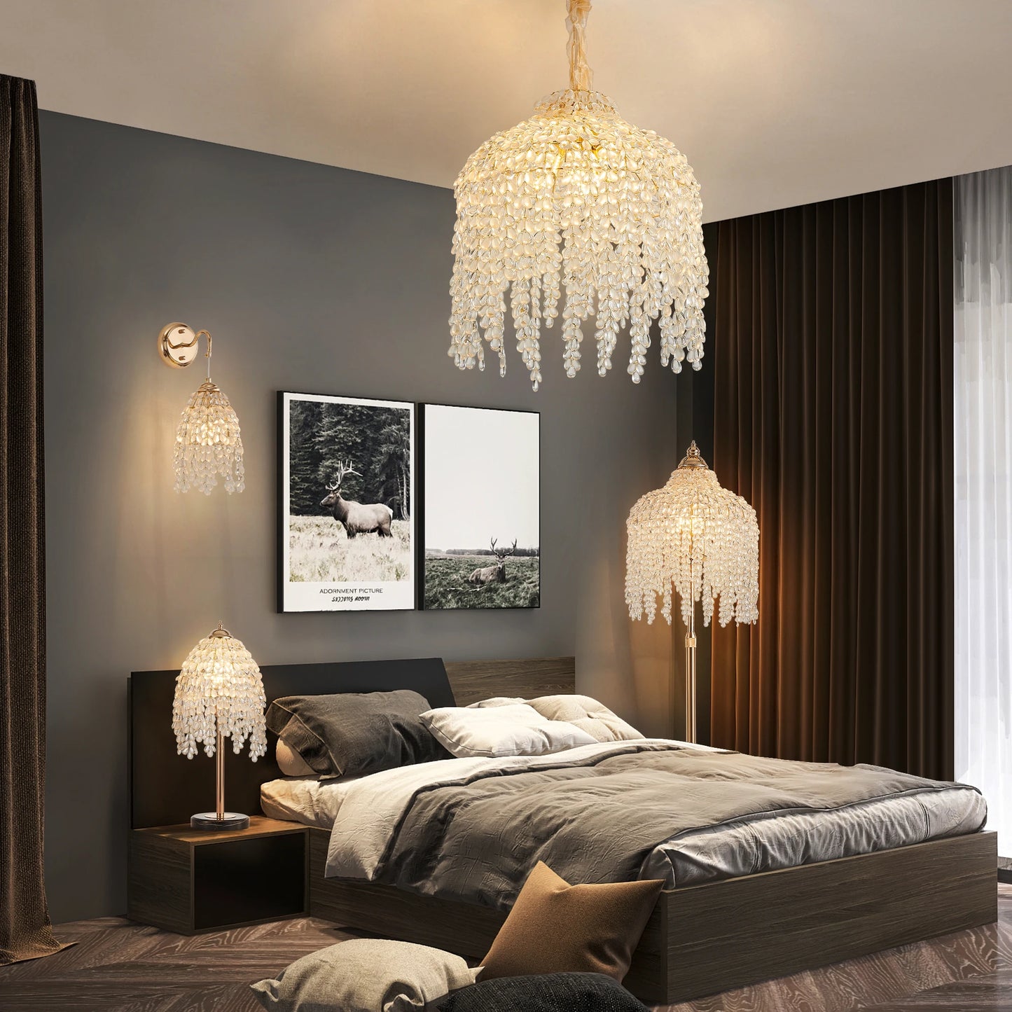 16 Inch 5-Light Crystal Pendant Light Chandelier Waterfall Design with Grape-Shaped Crystal Bead Strings & Gold Finish (No Bulb)