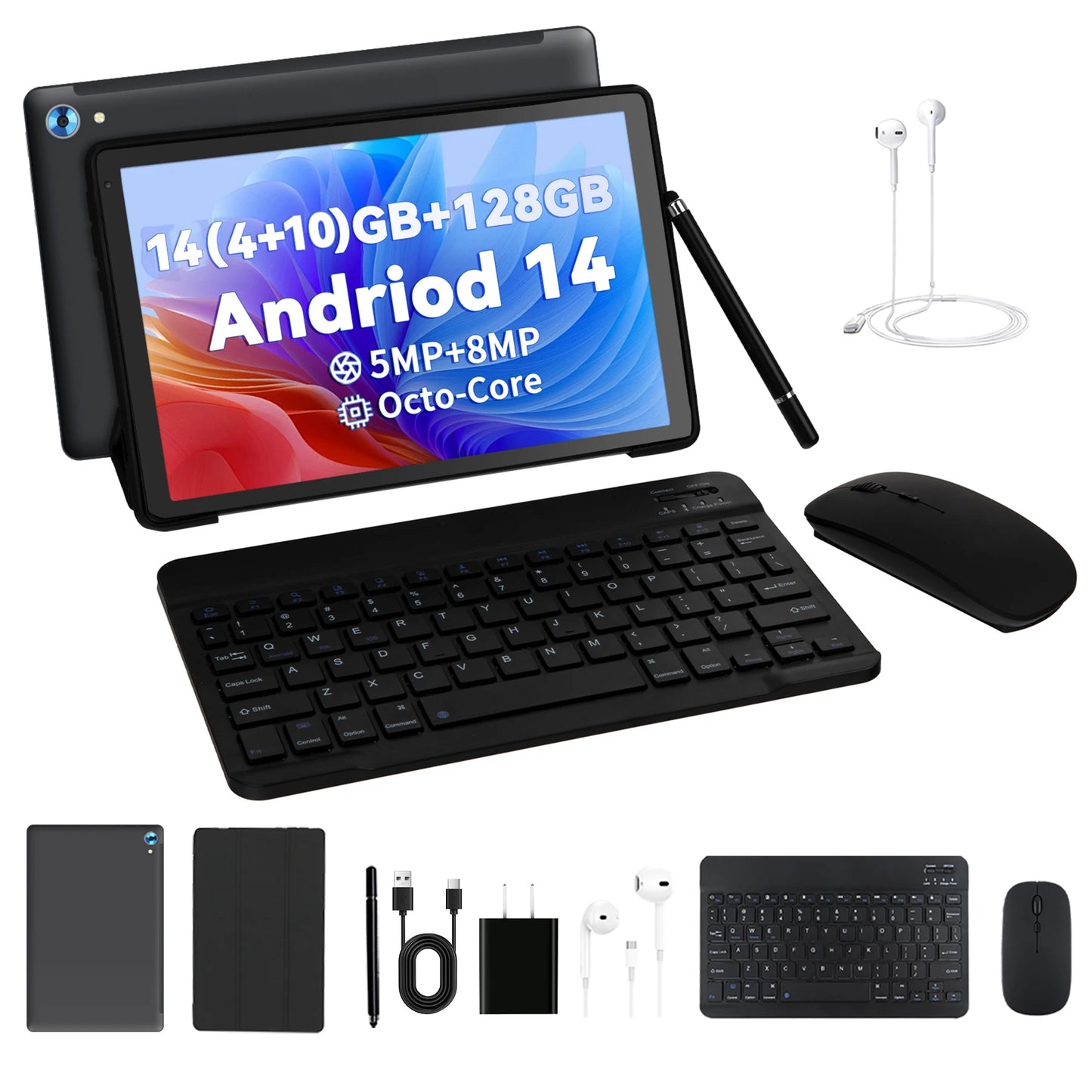 C108 10.1 Inch Android 14 Tablet Octa-Core 16GB plus 128GB Wireless Keyboard Headphones Stylus Pen Bag Included