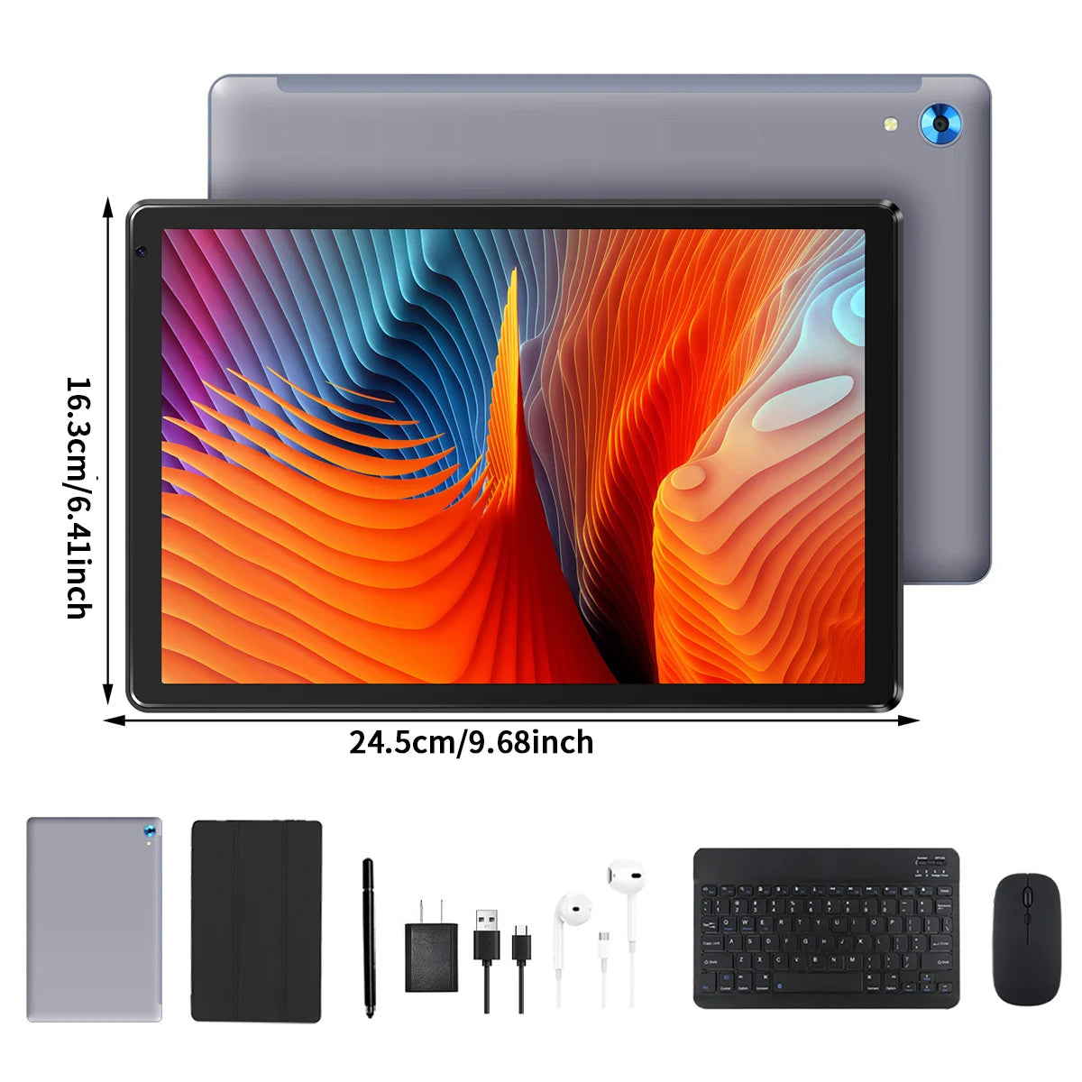 C108 10.1 Inch Android 14 Tablet Octa-Core 16GB plus 128GB Wireless Keyboard Headphones Stylus Pen Bag Included