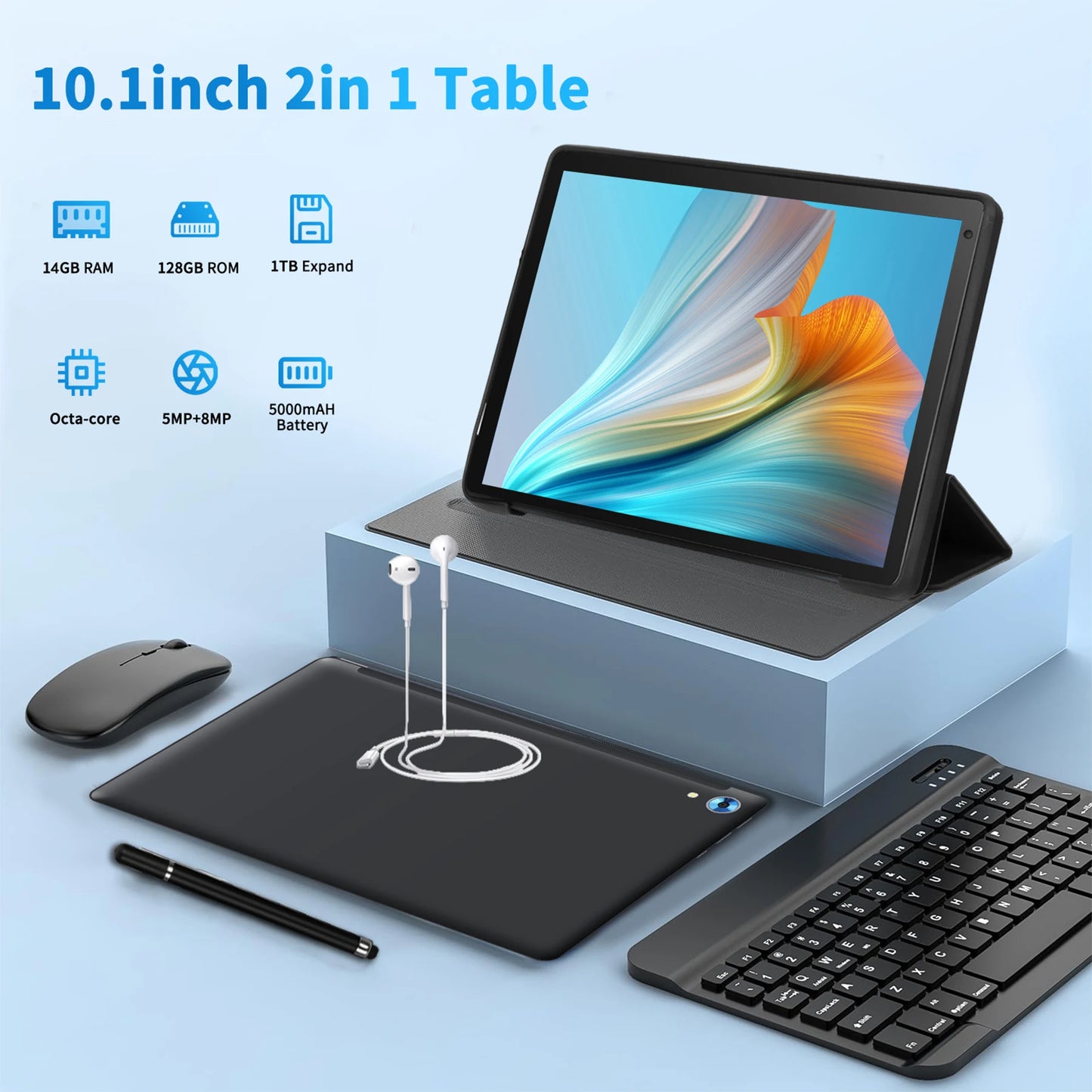 C108 10.1 Inch Android 14 Tablet Octa-Core 16GB plus 128GB Wireless Keyboard Headphones Stylus Pen Bag Included