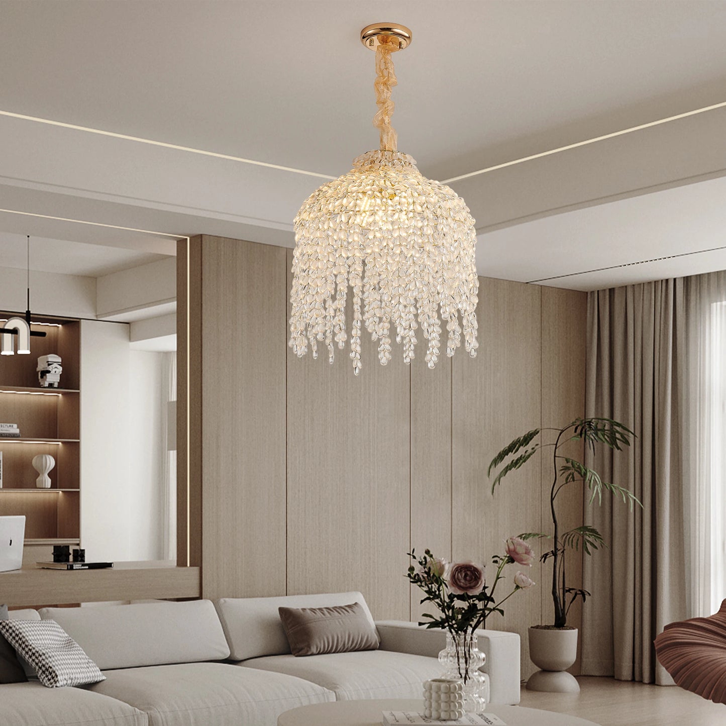16 Inch 5-Light Crystal Pendant Light Chandelier Waterfall Design with Grape-Shaped Crystal Bead Strings & Gold Finish (No Bulb)