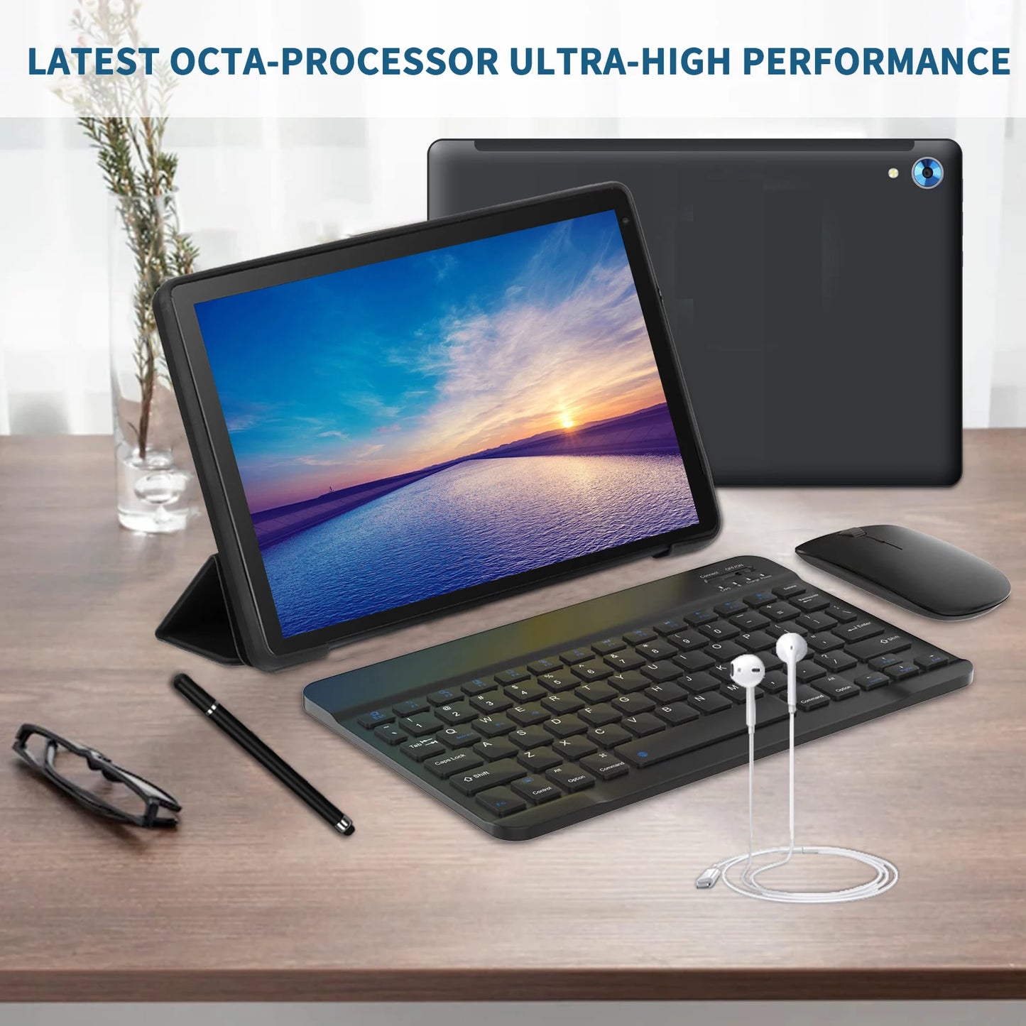 C108 10.1 Inch Android 14 Tablet Octa-Core 16GB plus 128GB Wireless Keyboard Headphones Stylus Pen Bag Included