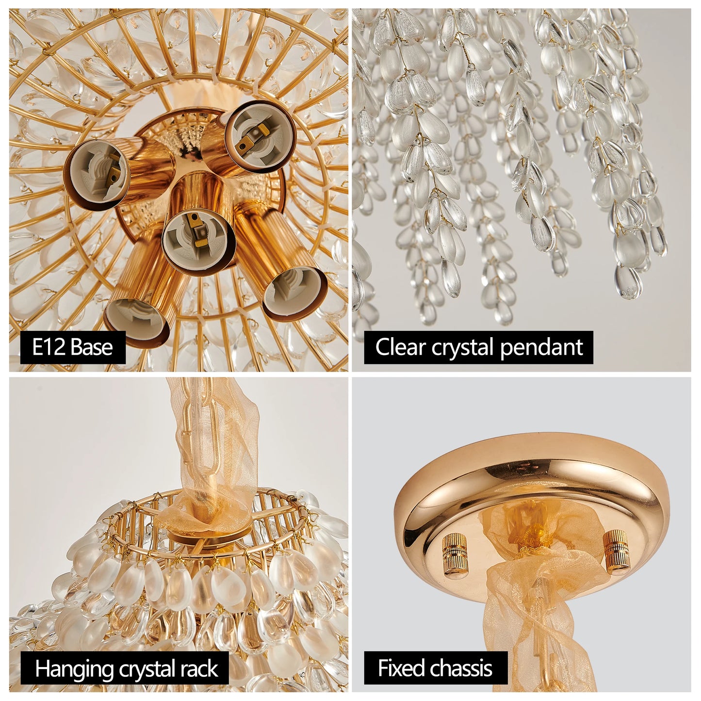 16 Inch 5-Light Crystal Pendant Light Chandelier Waterfall Design with Grape-Shaped Crystal Bead Strings & Gold Finish (No Bulb)