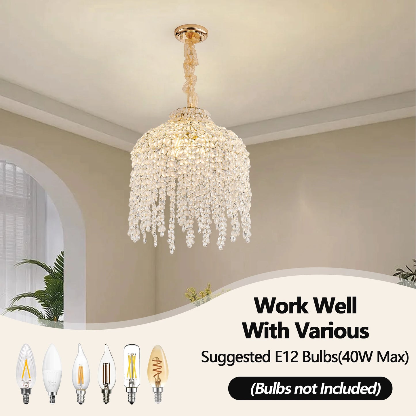 16 Inch 5-Light Crystal Pendant Light Chandelier Waterfall Design with Grape-Shaped Crystal Bead Strings & Gold Finish (No Bulb)