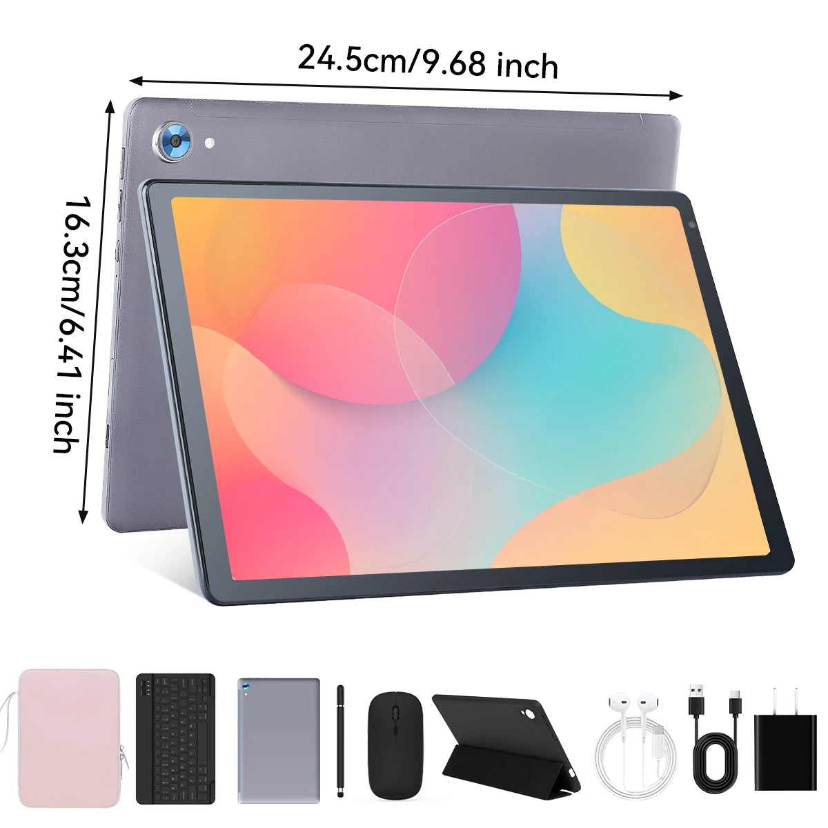 C108 10.1 Inch Android 14 Tablet Octa-Core 16GB plus 128GB Wireless Keyboard Headphones Stylus Pen Bag Included