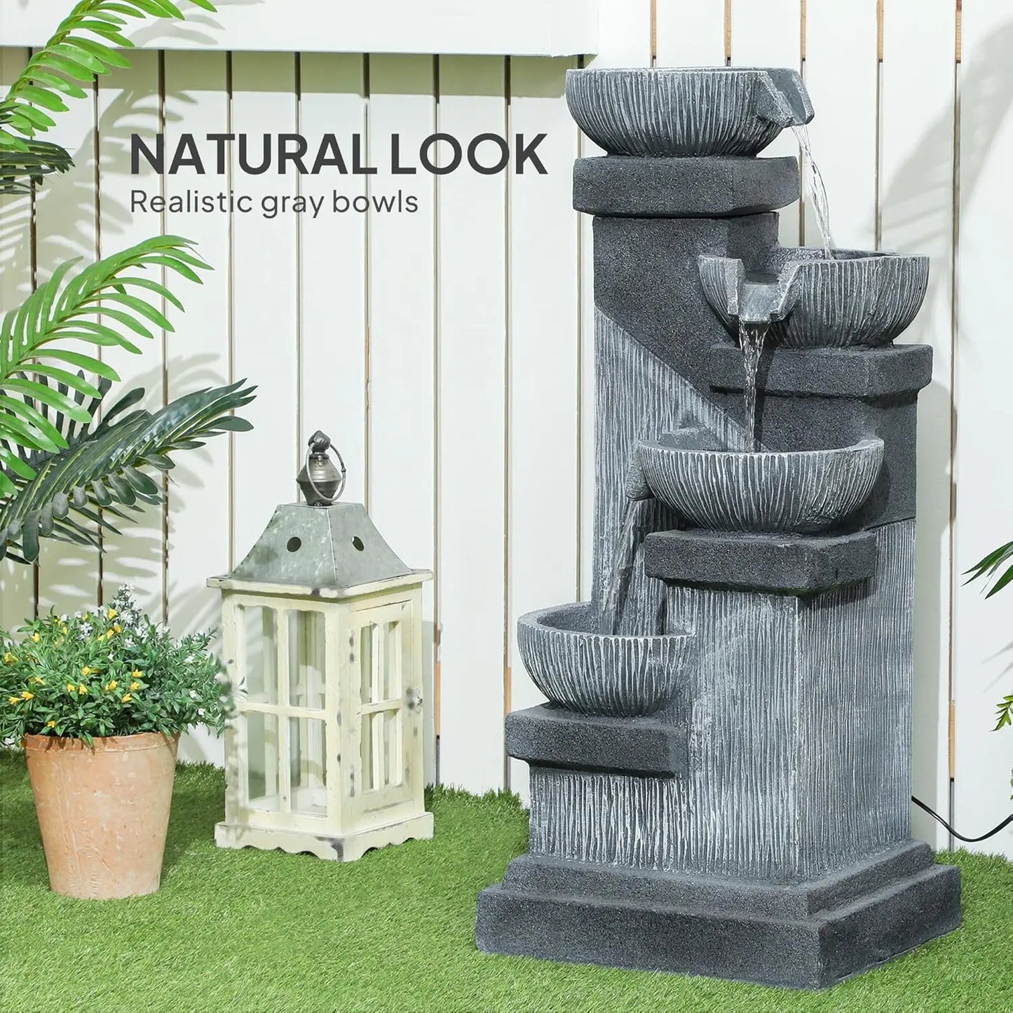 33.5" Tall Outdoor Water Fountain,4-Tier Floor Standing Resin Cascading Bowls Waterfall Fountain with LED Lights,Pump for Garden