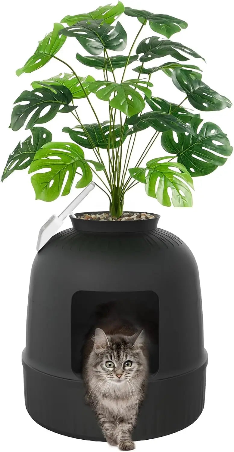 Litter Box Cat with Faux Plant & Scoop, Hidden Enclosure Litter Tray with Odor Control & Carbon Filter