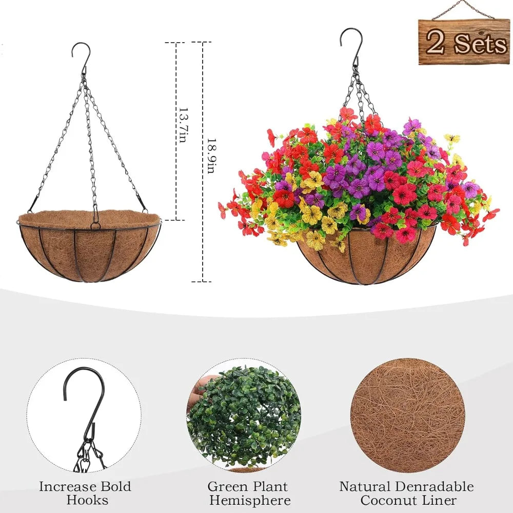 2 Set Artificial Outdoor Flowers with Hanging Basket, 2 Hanging Planters with 24 Pcs Flowers for Spring Summer Front Porch Gard