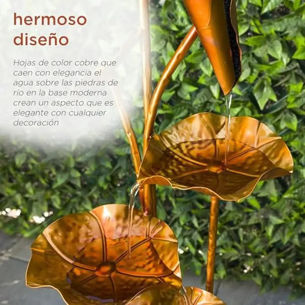Modern Metal Leaf Water Fountain with Stone-Filled Base Outdoor Multi-Tiered Cascading Water Feature 43" Gold Rust Resistant