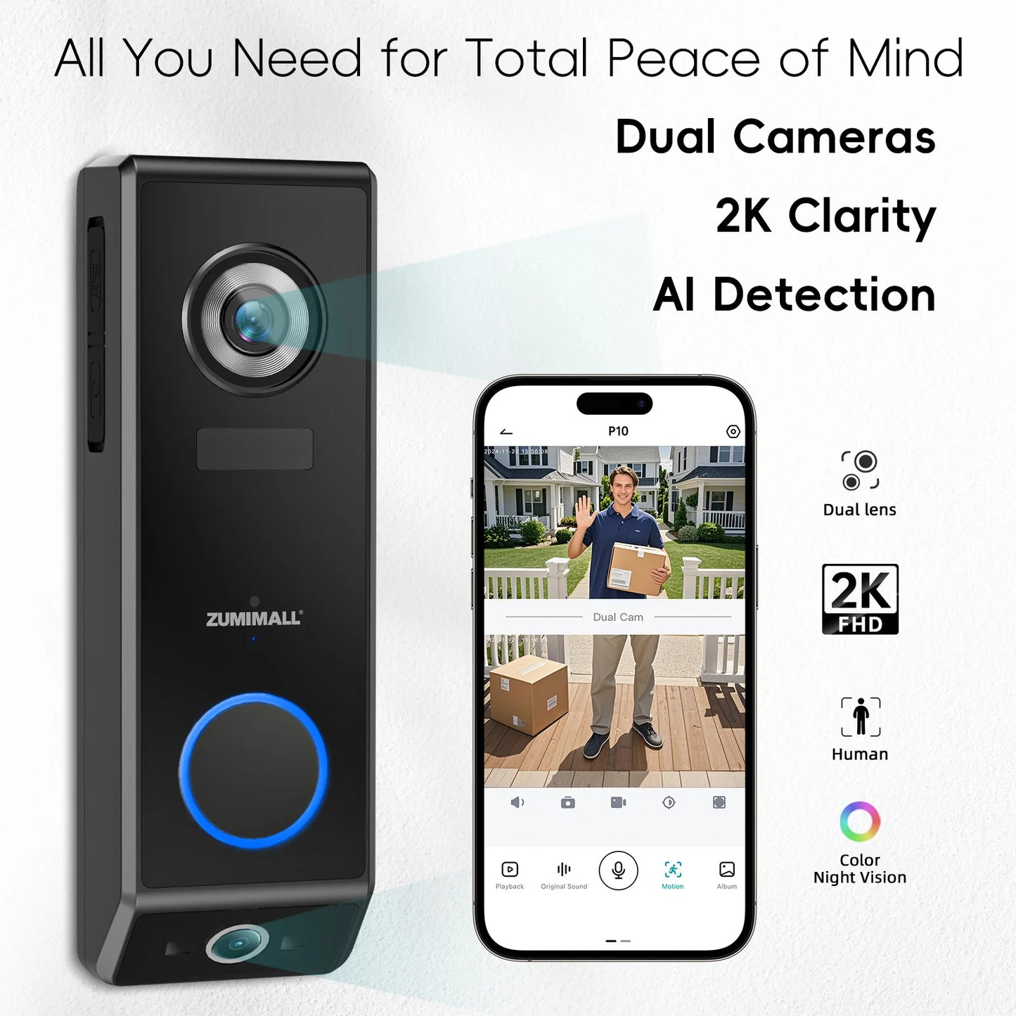 ZUMIMALL Dual Lens video Battery /wired power Doorbell Wireless with Chime, 2 Way Audio, Voice Changer