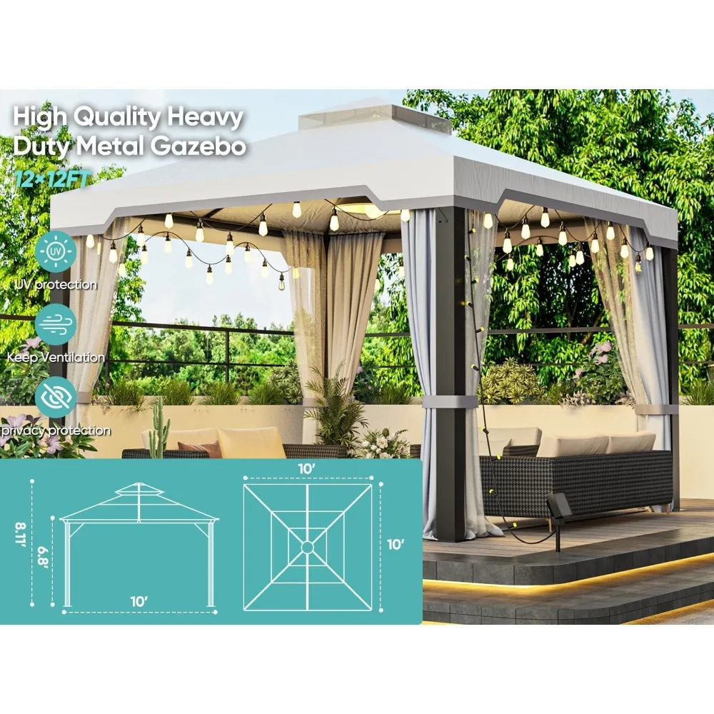 Heavy Duty Garden Gazebo with Mosquito Netting, Galvanized Steel Frame, Patios Canopy Outdoor Waterproof, Backyard Gazebo