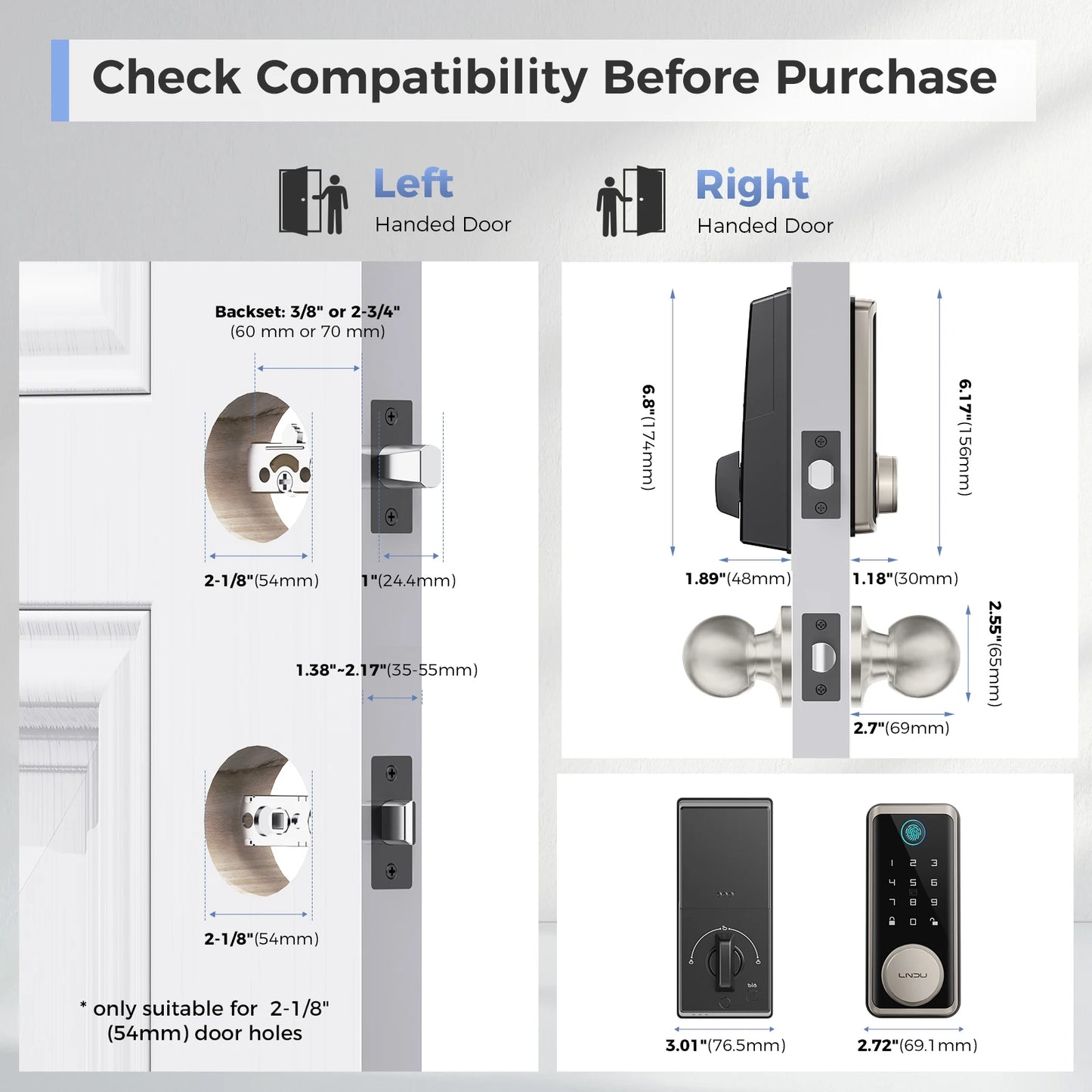 LNDU Smart Lock G601N 2.4GHz WiFi Keyless Entry Smart Door Lock with Handle Set 360° Live Fingerprint Fob Unlock Home Security