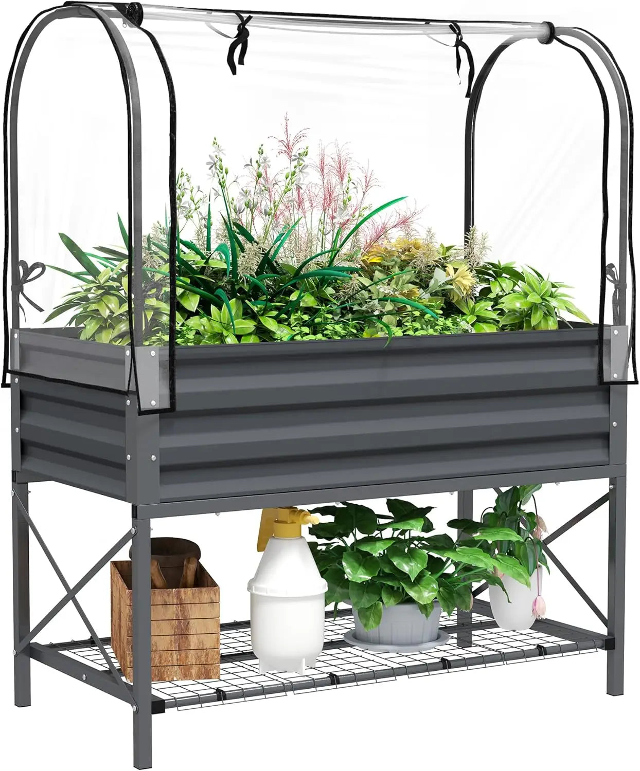 Outsunny Raised Garden Bed with Cover and Storage Shelf, Rectangular Metal Elevated Planter Box with Legs and Bed Liner