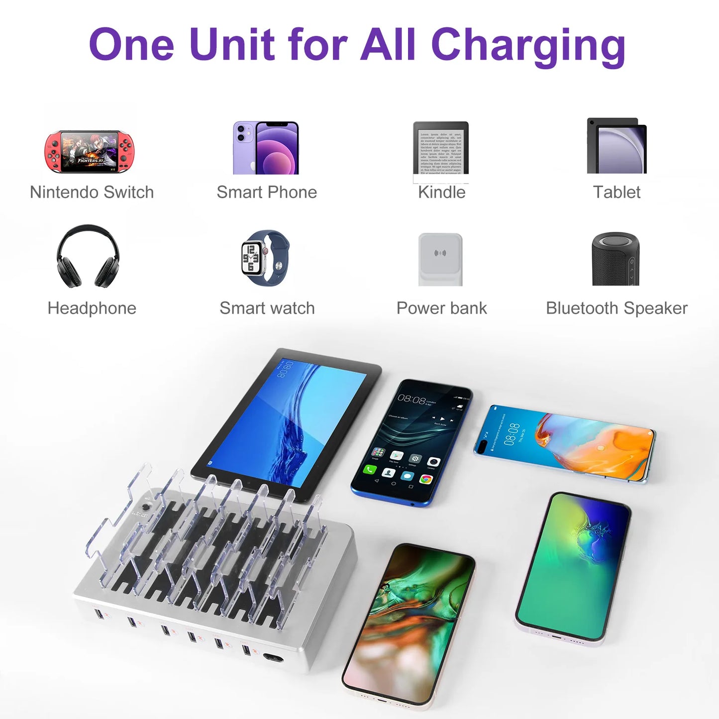 6 Port Multi USB Charging Station for Multiple Devices Designed for iPhone iPad Cell Phone Tablets (White, 6 Mixed Short Cables