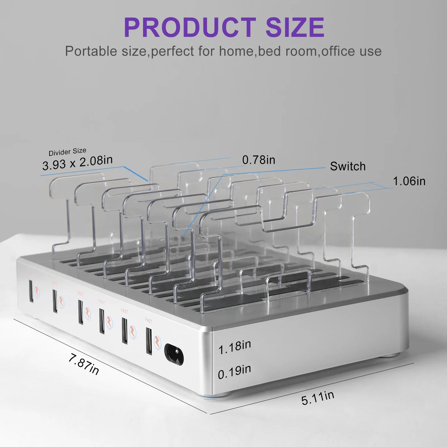 6 Port Multi USB Charging Station for Multiple Devices Designed for iPhone iPad Cell Phone Tablets (White, 6 Mixed Short Cables