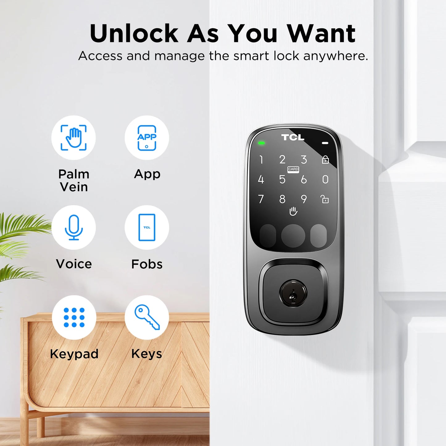 TCL Smart Lock D1 Pro Palm Vein Lock Keyless Entry Door Lock Upgraded Rechargeable Battery Front Door Smart Lock Work with Alexa