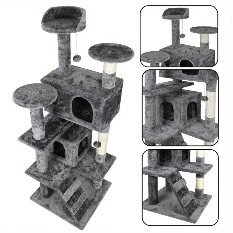 55 Inch Cat Tree Tower Activity Center Playing House Grey Beige Blue Brown Pink