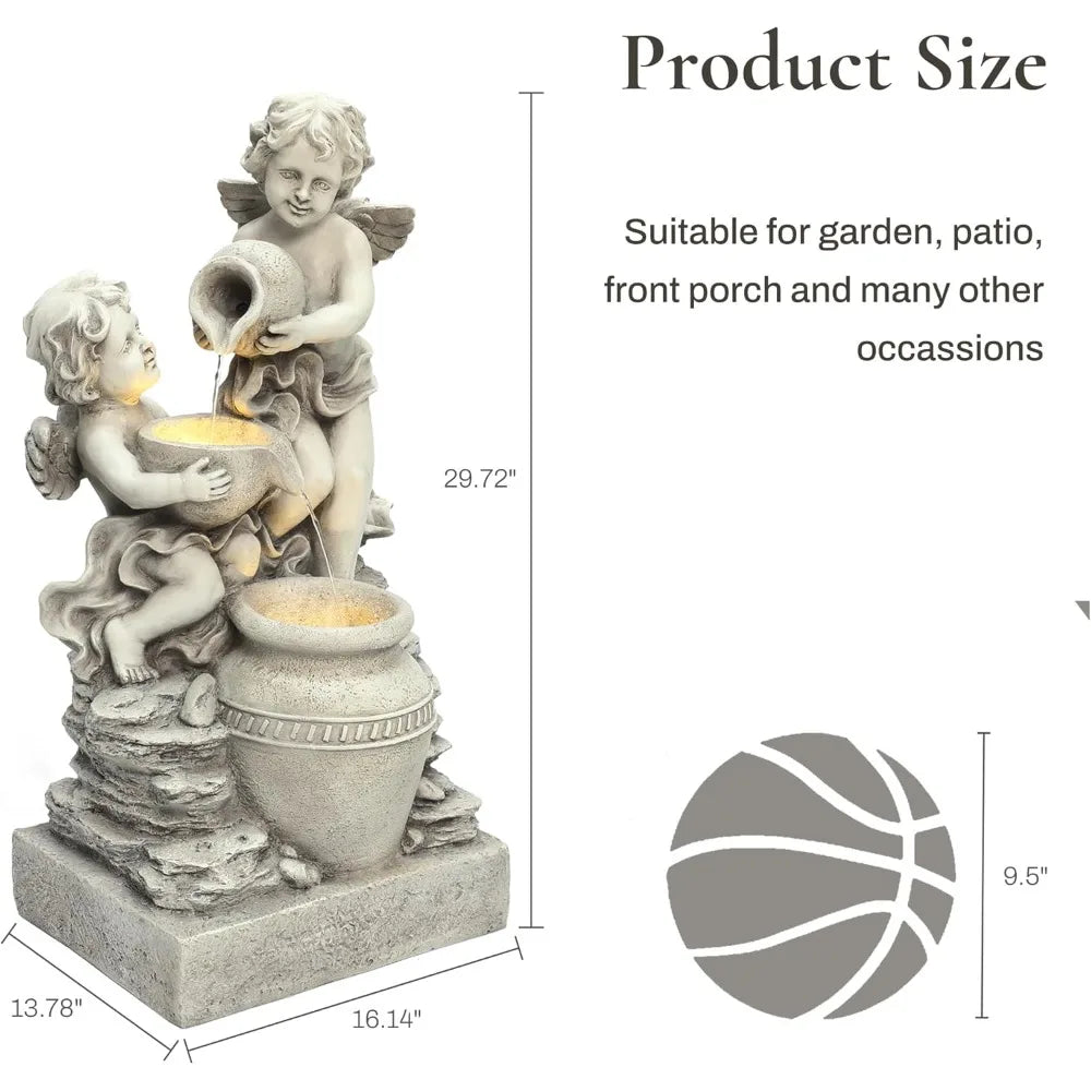 LuxenHome 30 Inch Outdoor Water Fountain, Resin Angels Water Fountains Indoor and Outdoor with LED Light, 3 Layers Angels and Ur