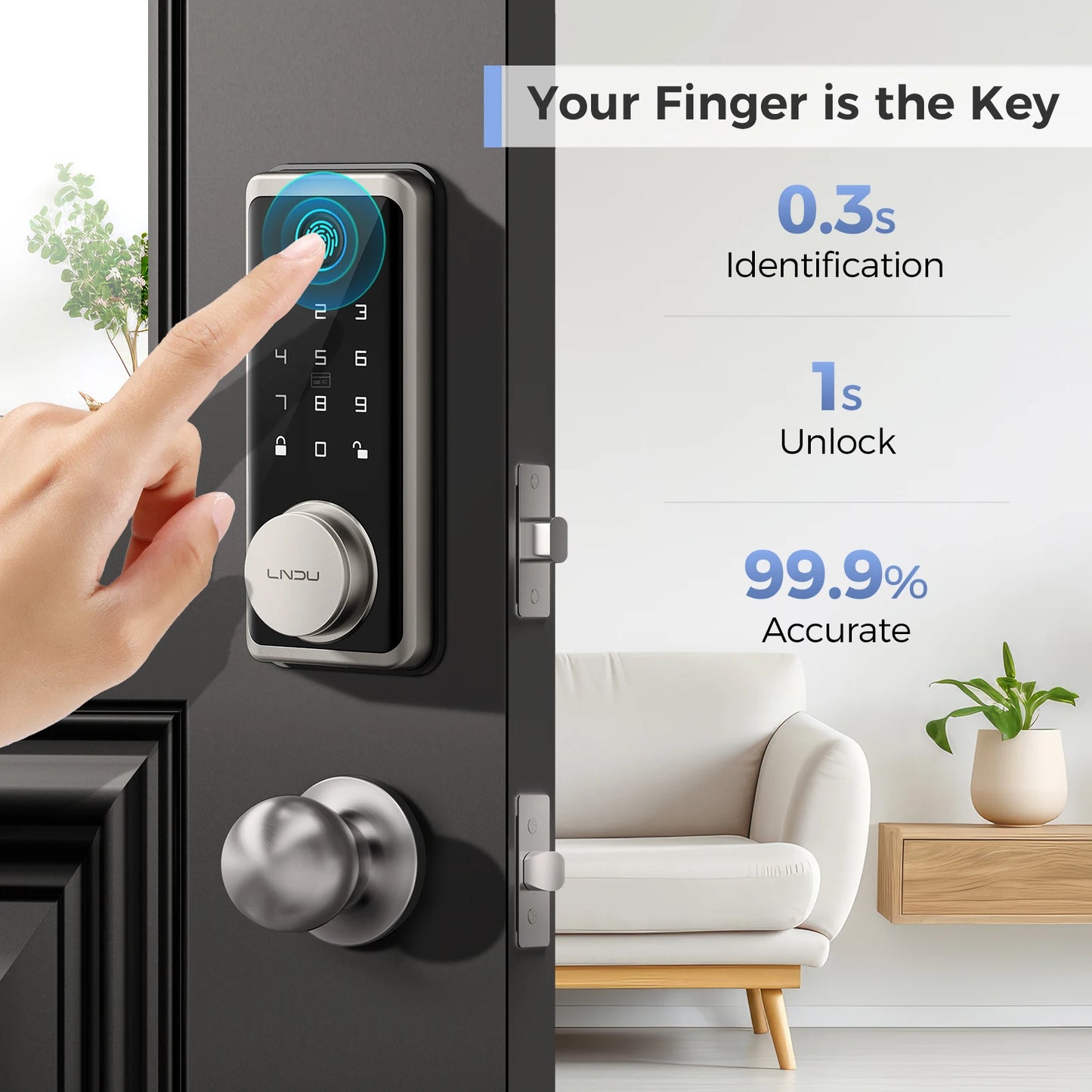 LNDU Smart Lock G601N 2.4GHz WiFi Keyless Entry Smart Door Lock with Handle Set 360° Live Fingerprint Fob Unlock Home Security