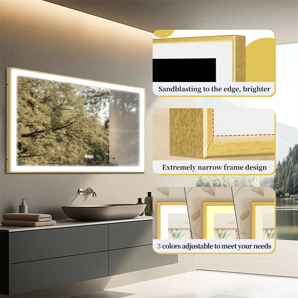 Large LED Bathroom Mirror Rectangular Wall Vanity Mirror with Colour Illuminated Dimmable Antifog Golden Frame IP56 Rated 1400mm