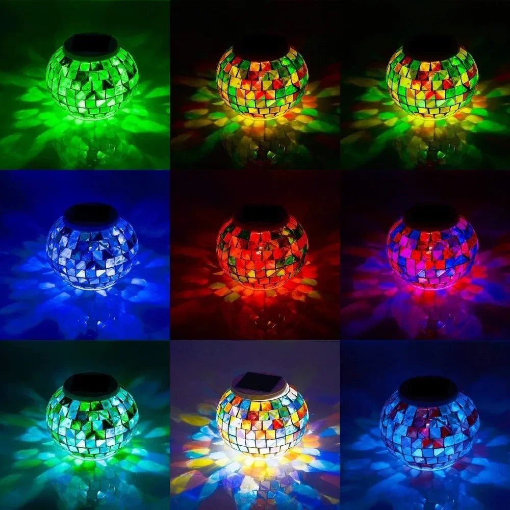 Color changing solar glass mosaic ball LED courtyard light, rechargeable outdoor waterproof solar night light