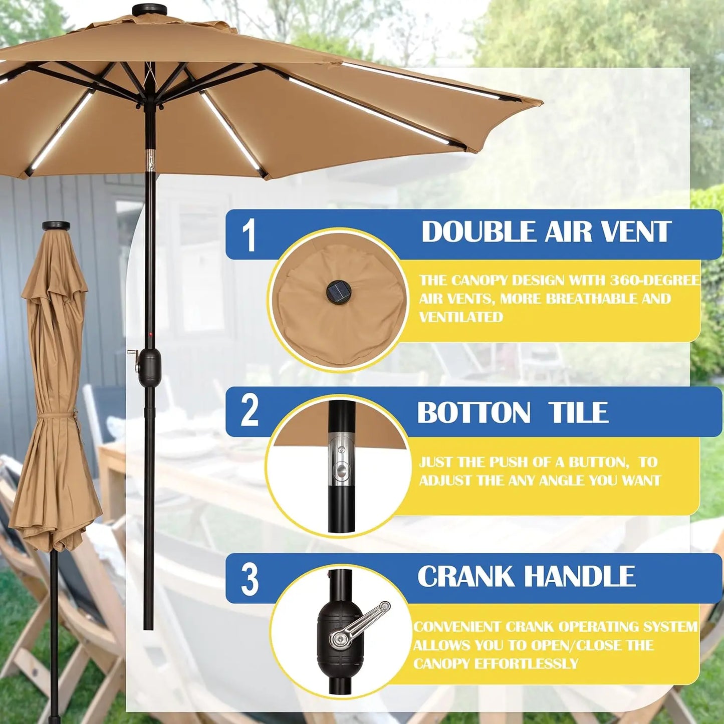 9FT Outdoor Solar LED Lighted Patio Umbrella with 8 LED Strip Lights & 8 Ribs, Convenient Crank Lift System