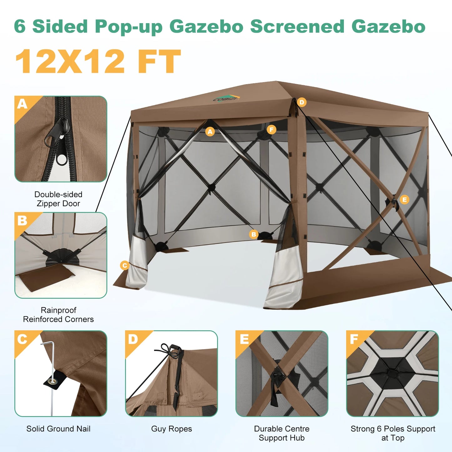 Pop Up Gazebo 12'x12' 6-Sided Screen House Tent for Camping, Outdoor Instant Stargazing Gazebo Canopy with Awning 2.0 ,Hub Tent