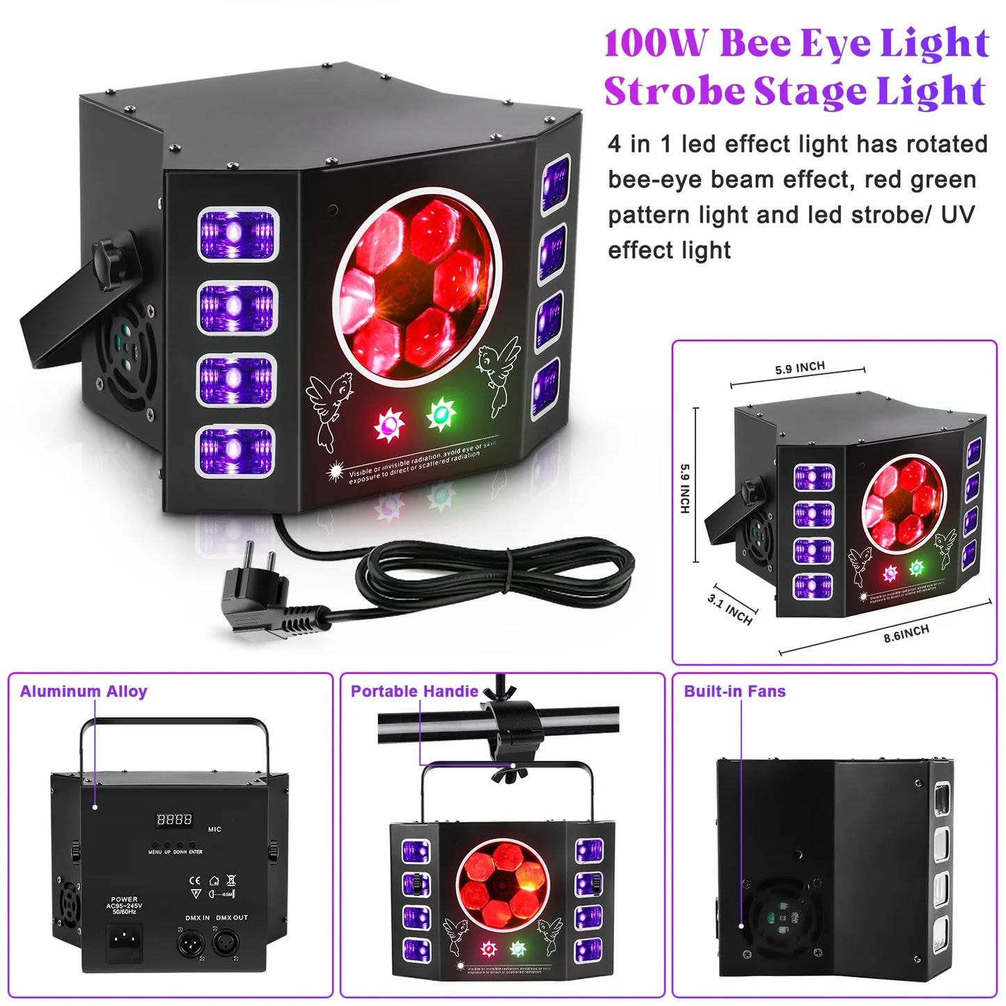 U'King Dj Lights With Remote Control 100W Bee Eye Light UV Strobe Stage Light DMX512 Sound Activated Rave Light For Disco Party