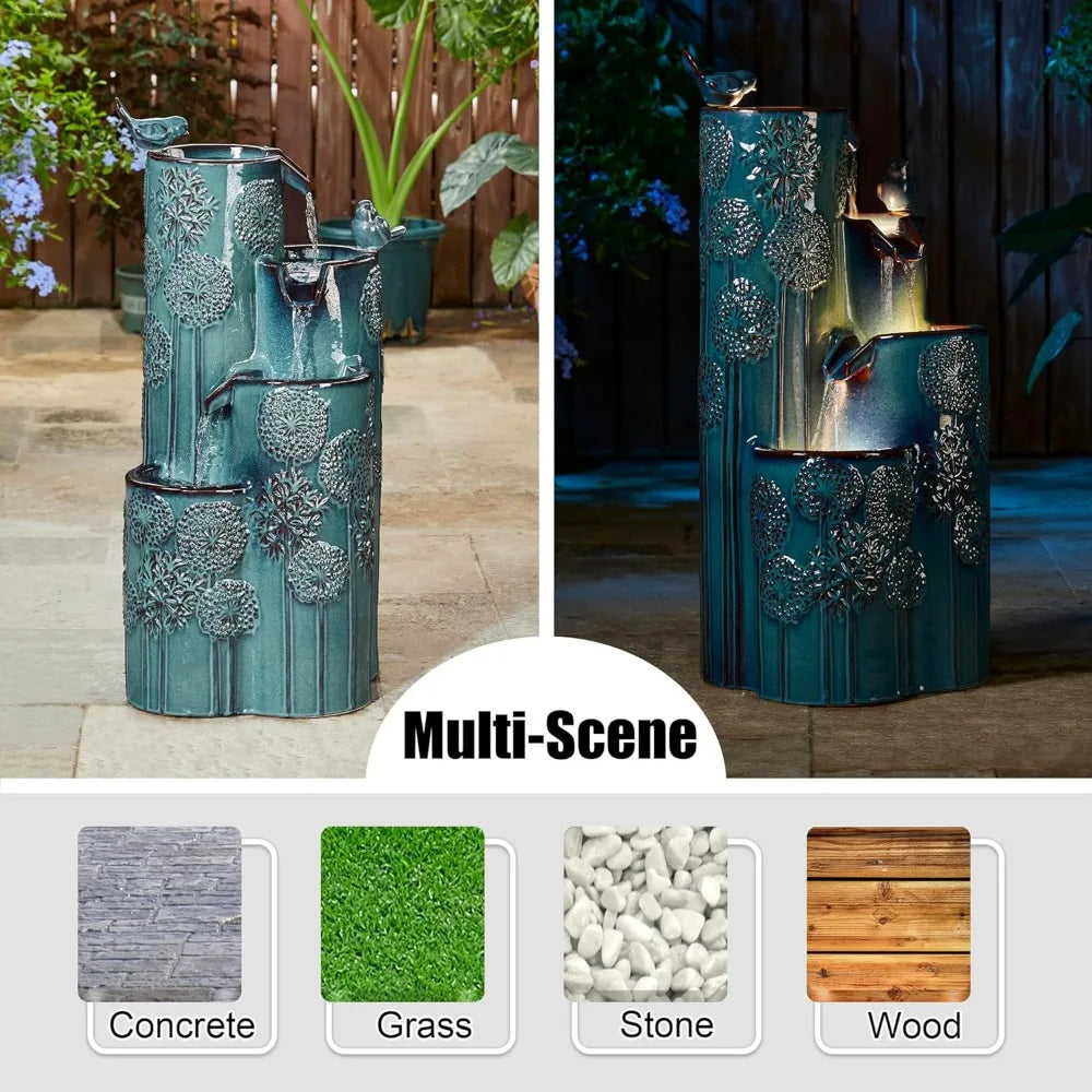 31.75" H Outdoor Water Fountain with LED Lights and Pump, 4 Tier Dandelion Texture Vase Shaped Ceramic Floor Standing Fountain