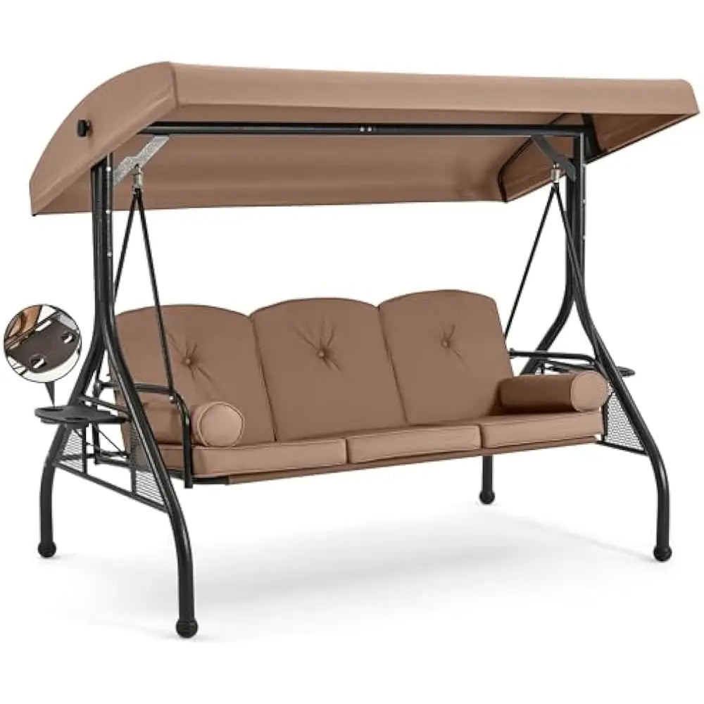3 Seat Porch Swing W/Adjustable Canopy, Convertible Patio Swings Bed with Stand and Upgraded Cup Holder, Thicken Cushions&Pillow