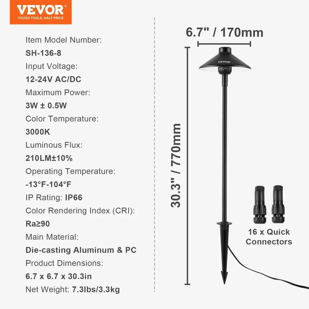 8 Pack Low Voltage Landscape Lights 3W 210LM 12V 24VAC DC Outdoor Walkway Lighting 3000K Warm White IP66 Waterproof