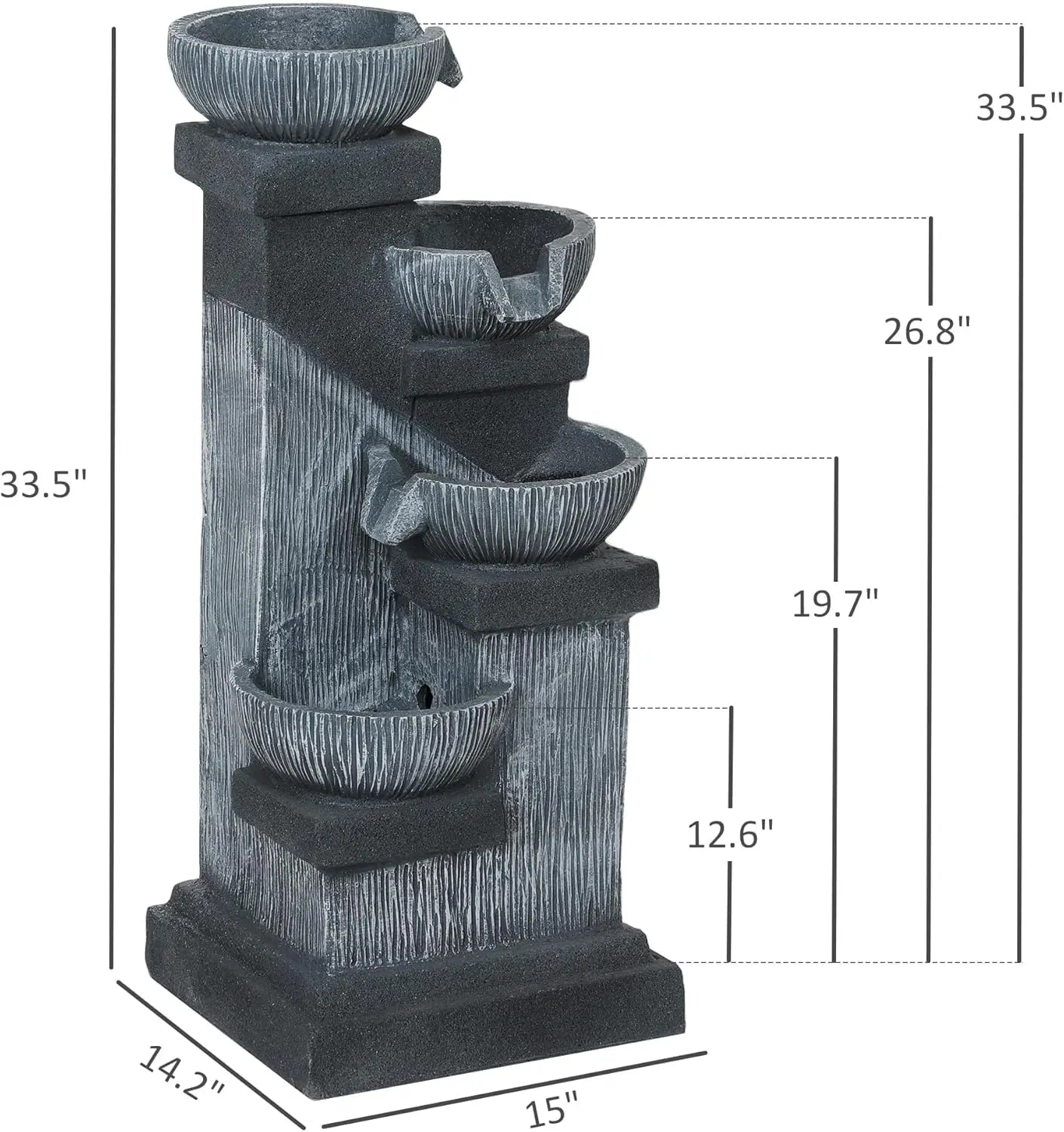 33.5" Tall Outdoor Water Fountain,4-Tier Floor Standing Resin Cascading Bowls Waterfall Fountain with LED Lights,Pump for Garden