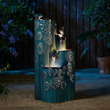 31.75" H Outdoor Water Fountain with LED Lights and Pump, 4 Tier Dandelion Texture Vase Shaped Ceramic Floor Standing Fountain