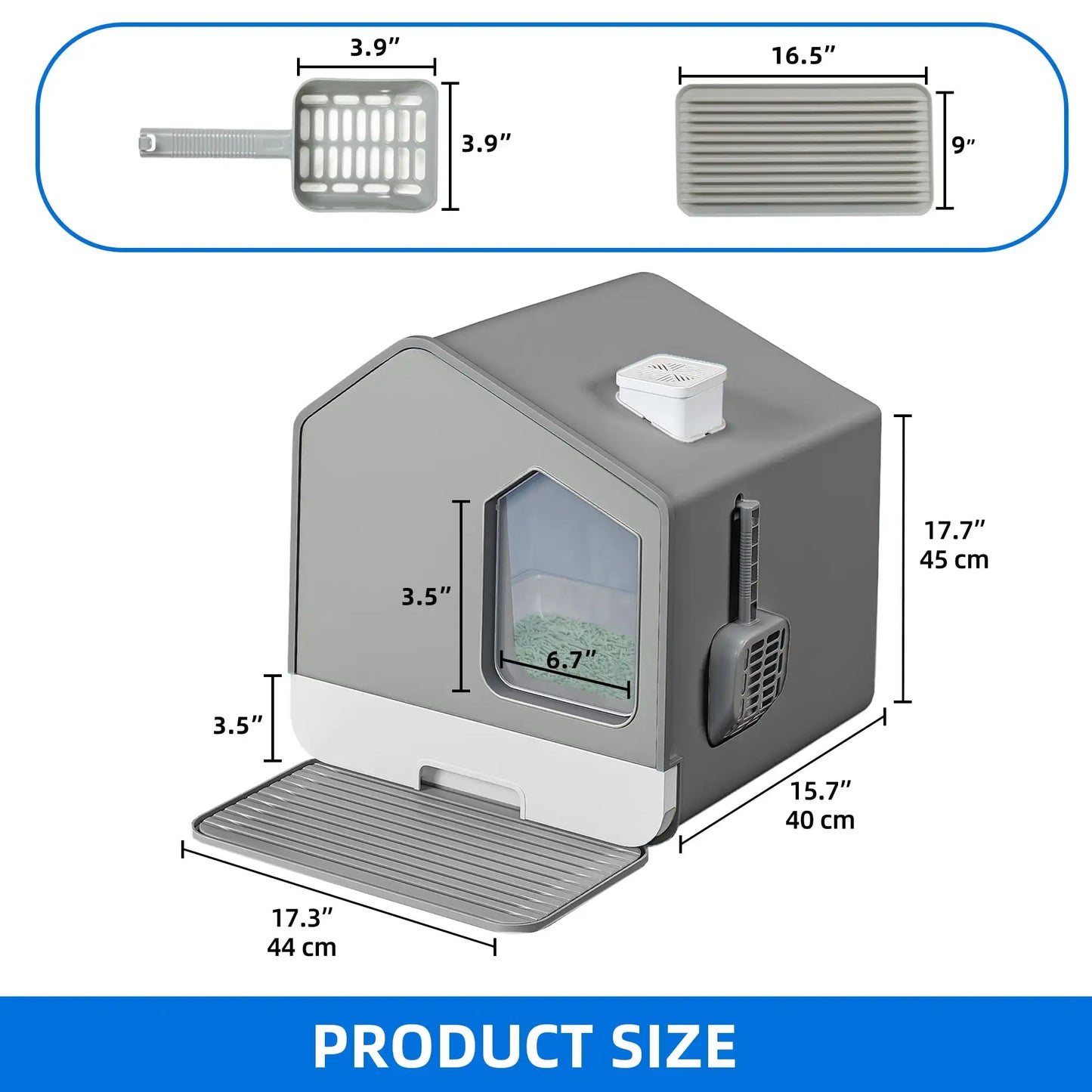 Enclosed Cat Litter Box,with Odor-Free Enclosed Hooded Easy to Clean,with Mat and Scoop,Gray