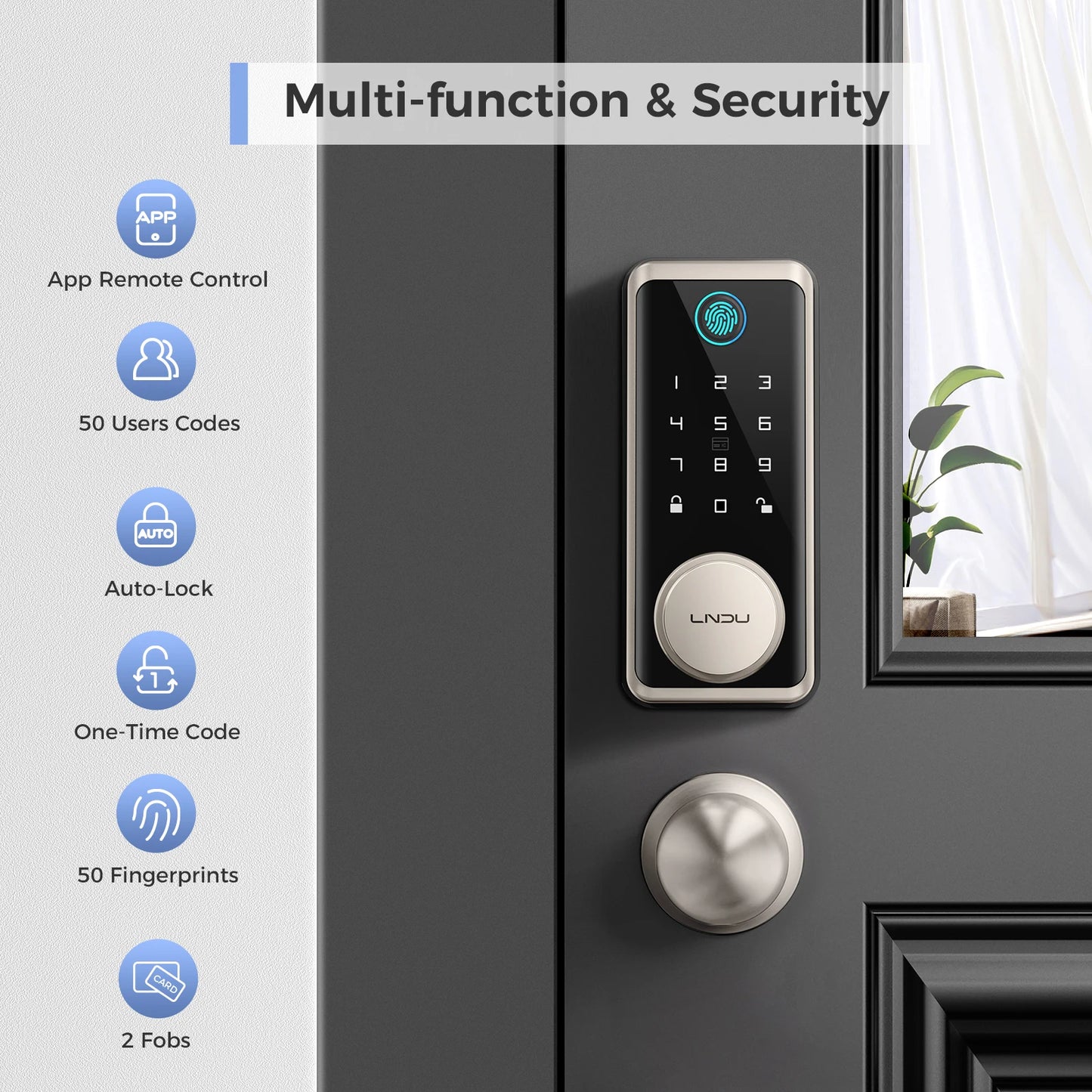 LNDU Smart Lock G601N 2.4GHz WiFi Keyless Entry Smart Door Lock with Handle Set 360° Live Fingerprint Fob Unlock Home Security