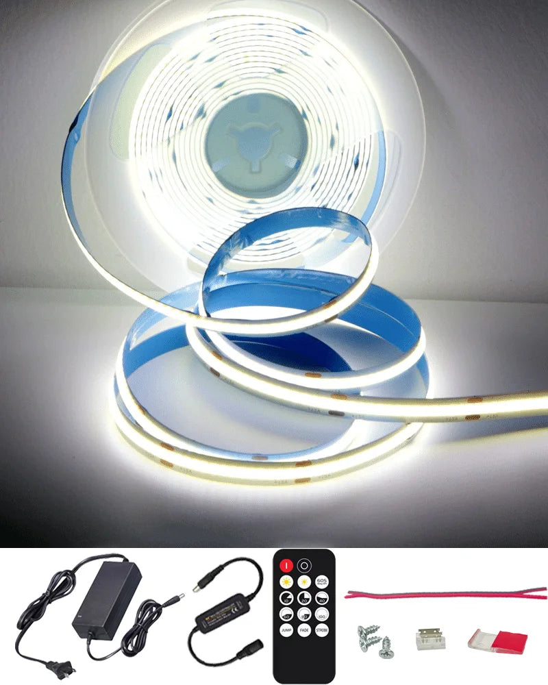 ETL Listed 50ft/15m COB LED Strip Lights 6500K White with RF Remote for Bedroom Cabinet Home Indoor(Power supply included)