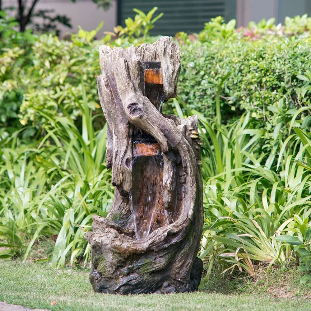 17.5x15.5x39.5 Indoor Outdoor Tree Trunk Fountain, Polyresin Floor Standing Waterfall Fountain with Light, Natural Water Feature