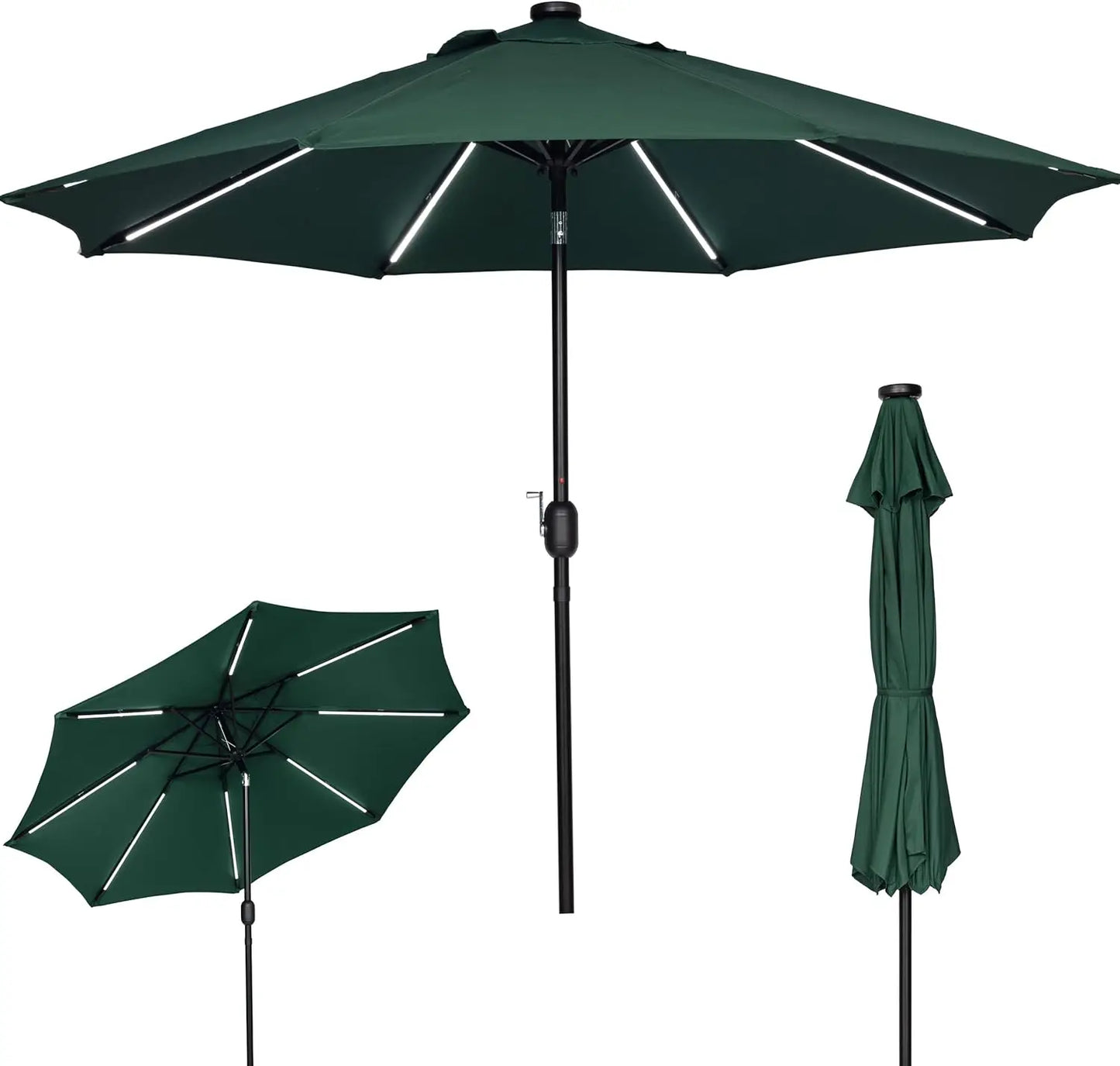 9FT Outdoor Solar LED Lighted Patio Umbrella with 8 LED Strip Lights & 8 Ribs, Convenient Crank Lift System