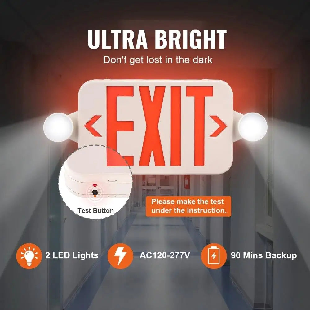 Exit Sign with Emergency Lights, Two Adjustable Heads Emergency Exit Light with Battery Backup, Combo Red Letter Fire