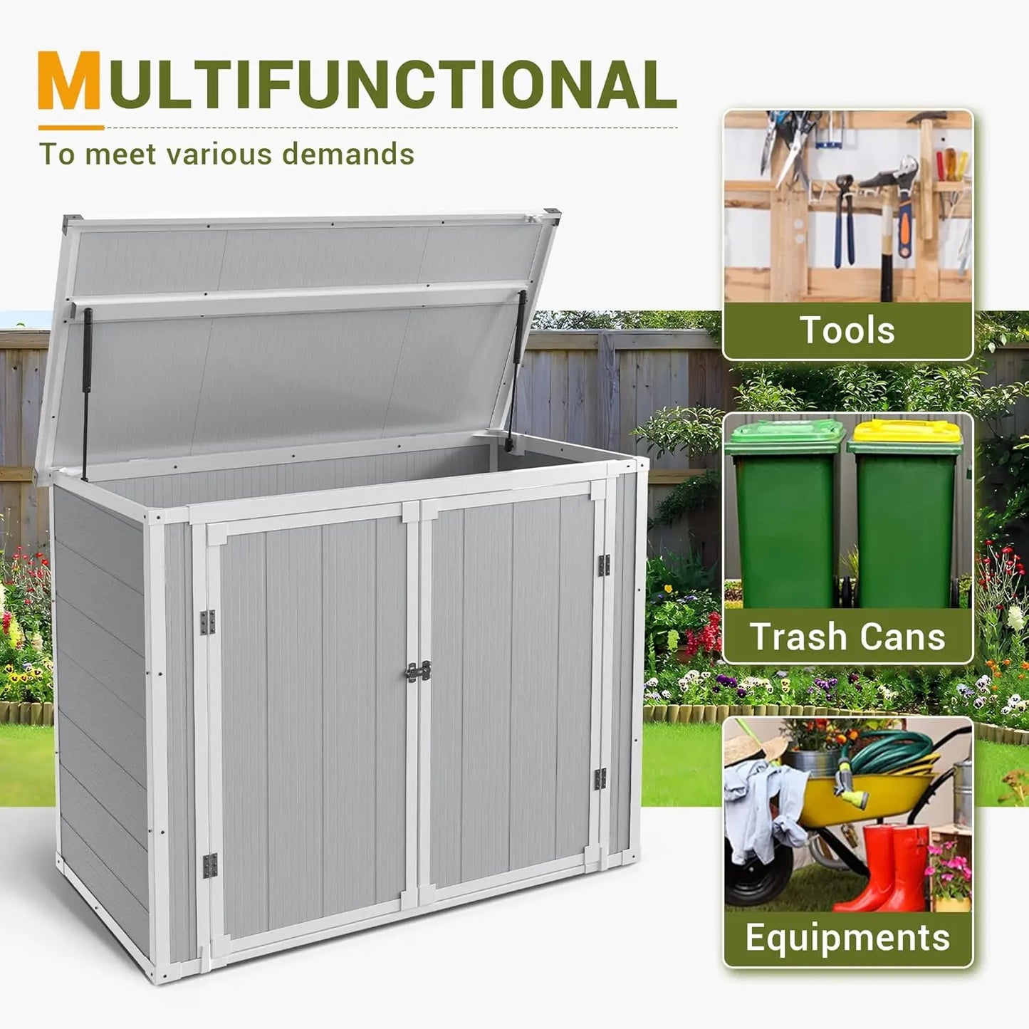 41 Cu.Ft Horizontal Storage Shed Outdoor, Weatherproof Resin Storage Shed with Floor Thickened, Gas Spring, Lockable Doors