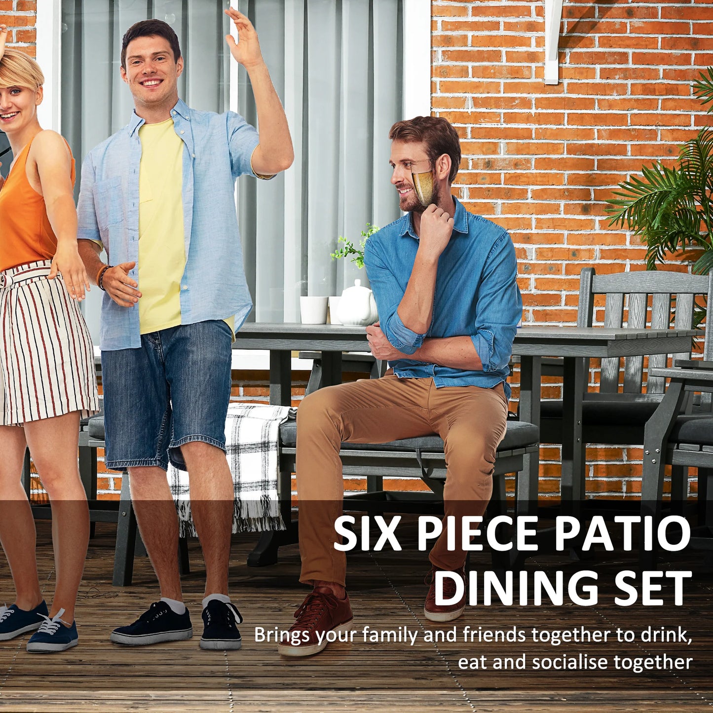 Outsunny 6 Pieces Patio Dining Set with Umbrella Hole, Cushions, Gray