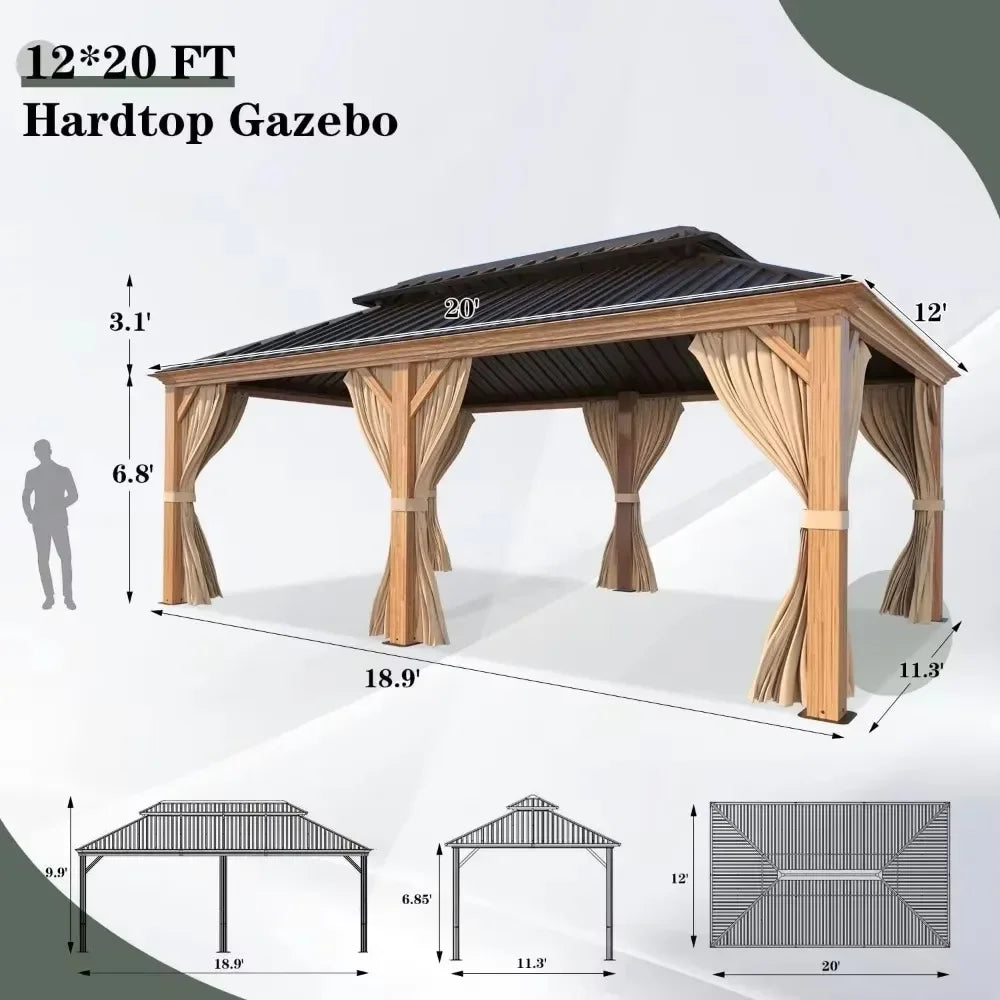 12x20 Gazebo, Hardtop Wood-Looking Gazebo with Curtains