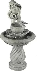 LuxenHome 30 Inch Outdoor Water Fountain, Resin Angels Water Fountains Indoor and Outdoor with LED Light, 3 Layers Angels and Ur
