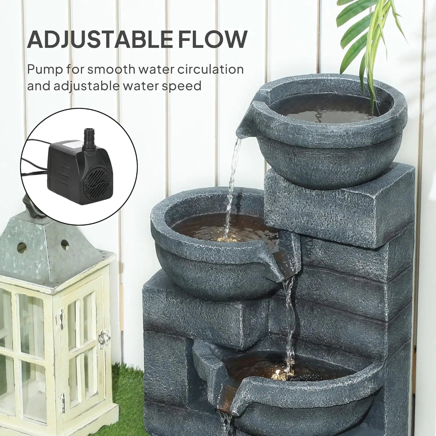 30" Tall Outdoor Waterfall Fountain with LED Lights, 4-Tier Resin Cascading Water Bowls with Pump, Gray