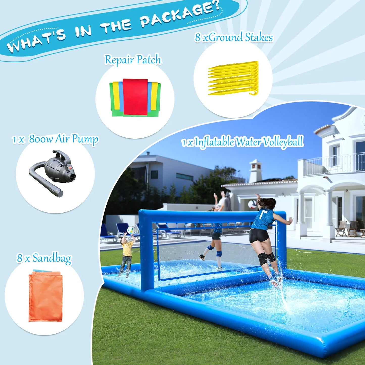 Inflatable Air-Inflated Family Fun: A Portable Outdoor Volleyball Court for Kids & Adults With 800W Air Blower 10x5x2.1m