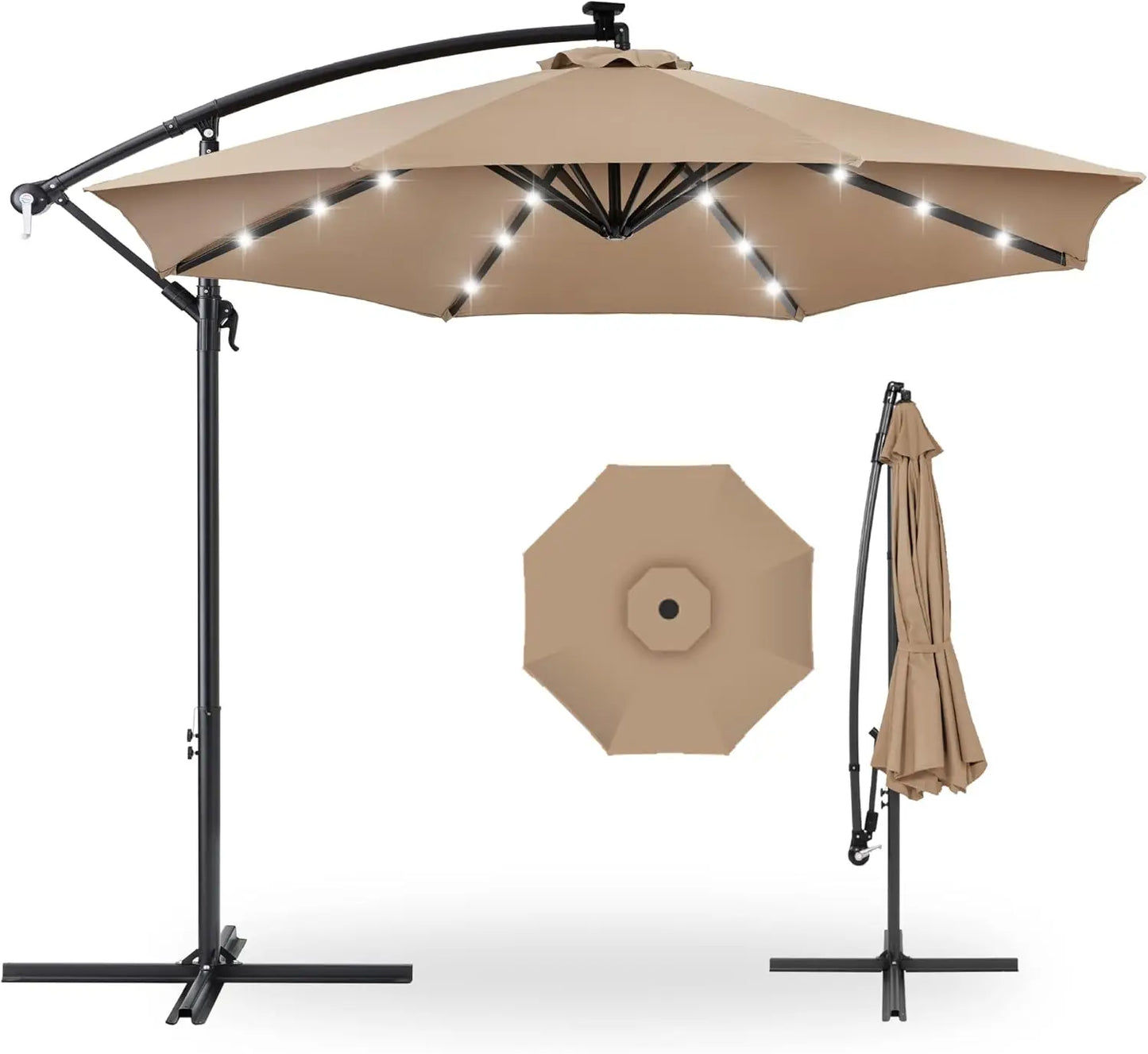 10-foot solar LED offset hanging market yard umbrella for backyard, pool side, with easy tilt adjustment, polyester shade
