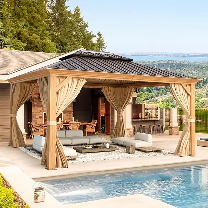 12x20 Gazebo, Hardtop Wood-Looking Gazebo with Curtains