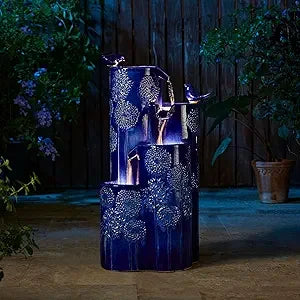 31.25" H Outdoor Water Fountain with LED Lights and Pump, 4 Tier Sand Beige Lotus Leaf Textured Ceramic Floor Standing Fountain
