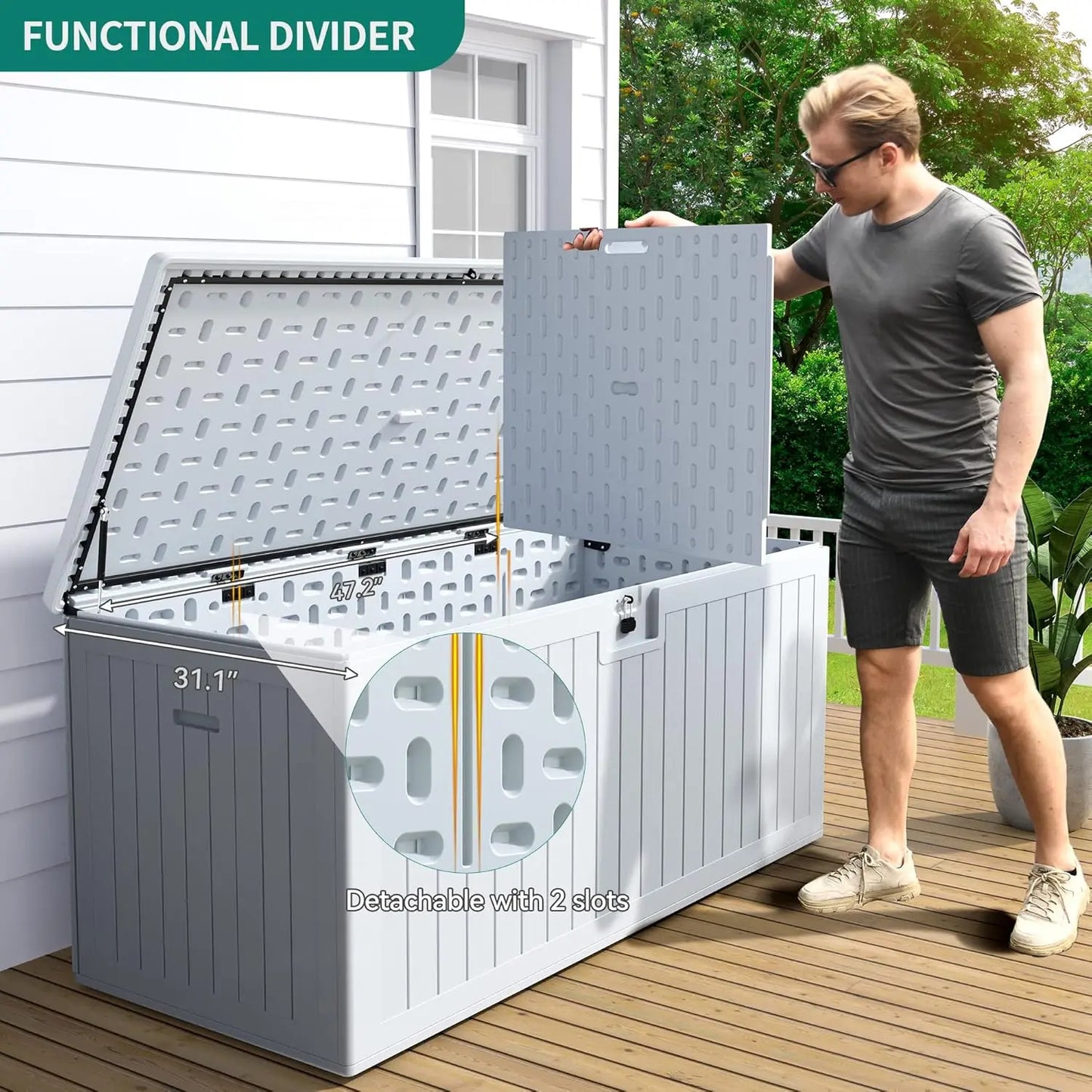 XXL 230 Gallon Large Deck Box,Outdoor Storage for Patio Furniture Cushions,Garden Tools with Flexible Divider,Waterproof,