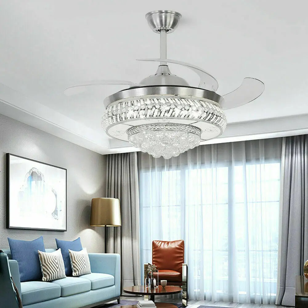 OUKANING Modern Crystal Invisible Ceiling Fan Light With Remote Control Chandelier For Living Room Application
